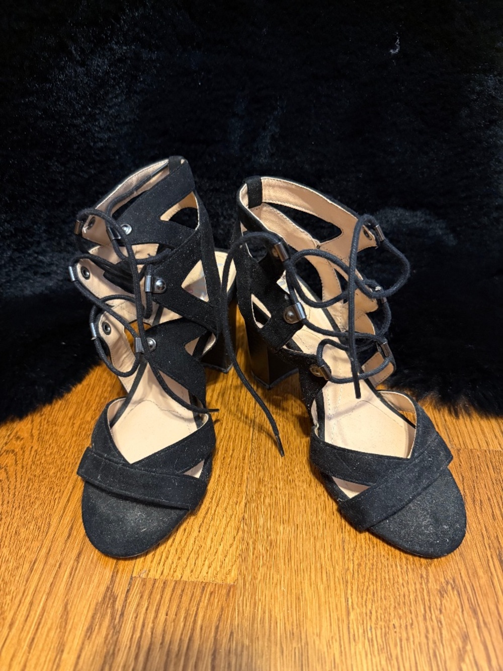 Black suede lace up heel sandals